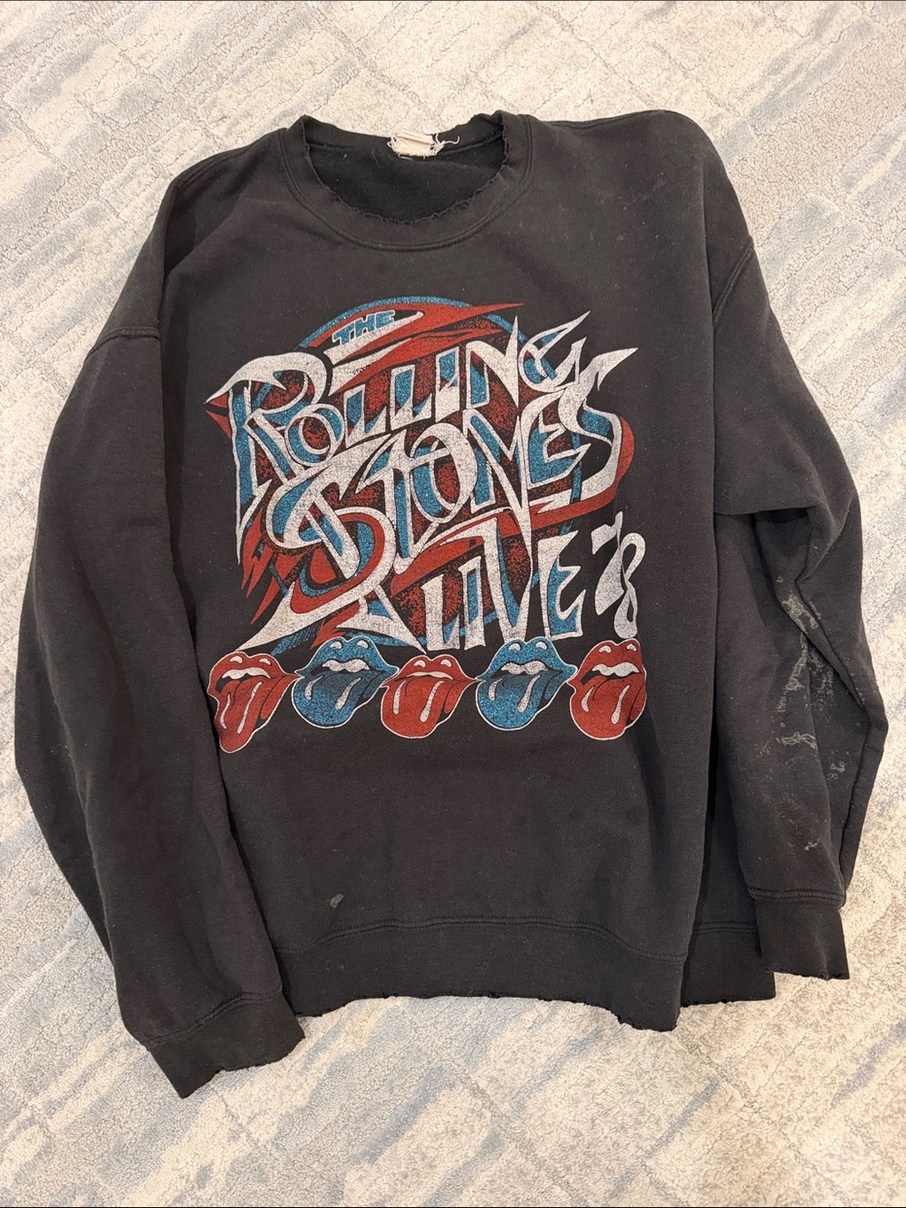 MadewornThe Rolling Stones Black Crewneck Sweater with Red & Blue Tongue Graphic